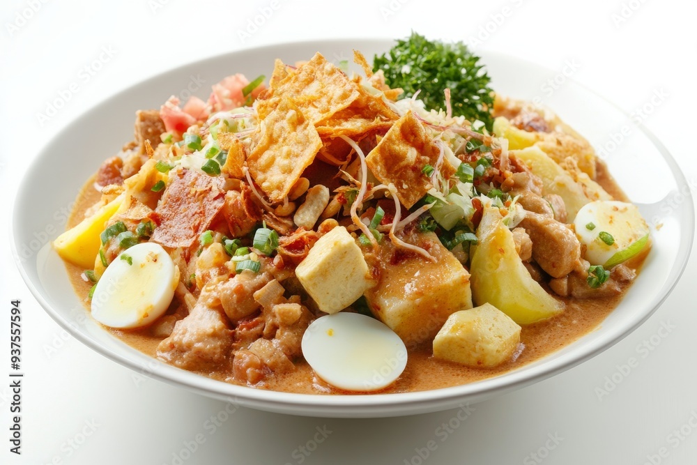 Betawi Gado-Gado, Originating from Jakarta, this version typically includes a mix of boiled vegetables, tofu, tempeh, hard-boiled eggs, and sometimes lontong (rice cakes). isolated on white background Betawi Gado-Gado, Originating from Jakarta, this version typically includes a mix of boiled vegetables, tofu, tempeh, hard-boiled eggs, and sometimes lontong (rice cakes). isolated on white background