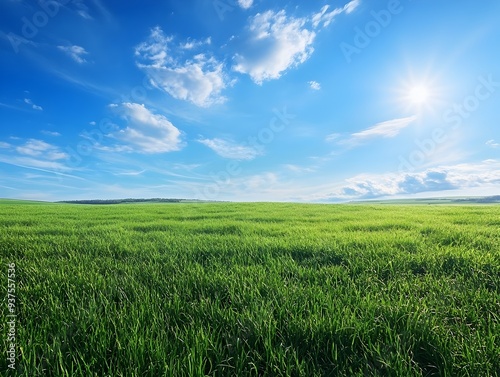 Expansive Green Meadow under Bright Sky with Wispy Clouds