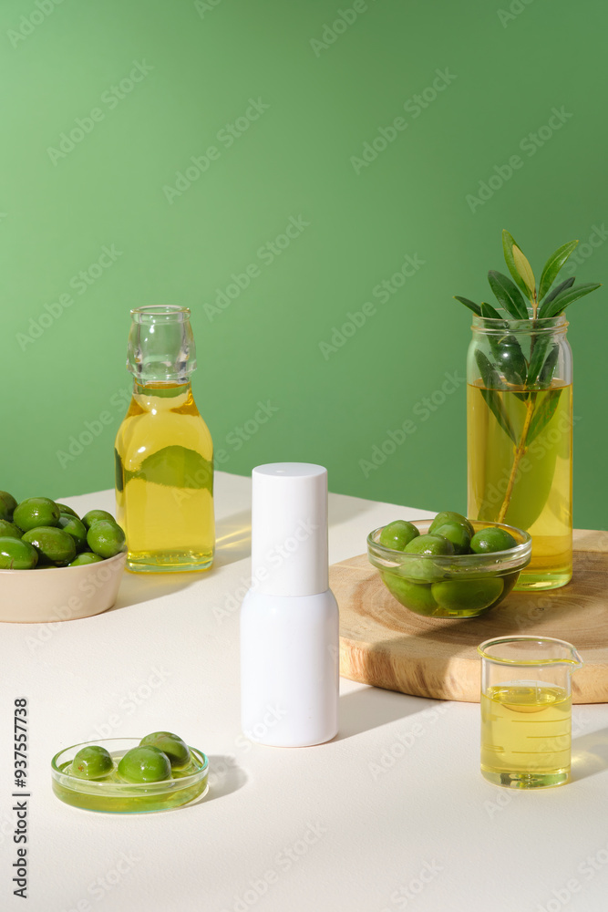 Mockup scene for cosmetic product of olive extract with white bottle without label decorated on white background with many flasks of olives. Advertising photo, minimal concept.