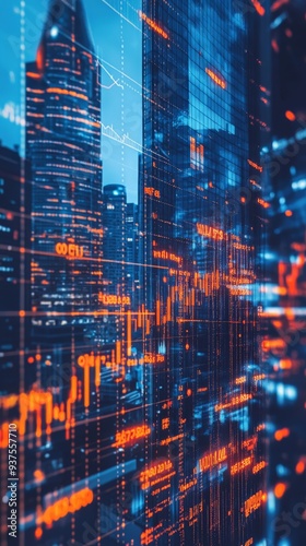 Abstract digital financial graph illustration depicting stock market trends against a vibrant cityscape background in a futuristic style.