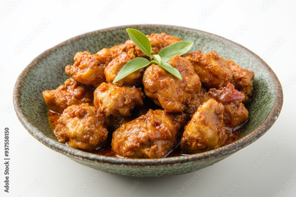 Chicken Rendang, A variation that uses chicken instead of beef. isolated on white background Chicken Rendang, A variation that uses chicken instead of beef. isolated on white background