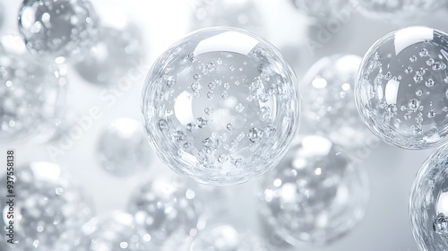 Pure white background with large transparent spheres delicately suspended, giving a modern celebratory ambiance