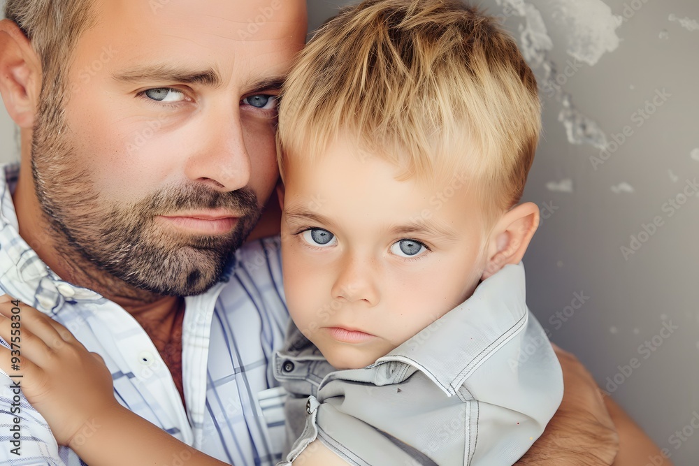 Close Up Portrait of Father and Son Hugging