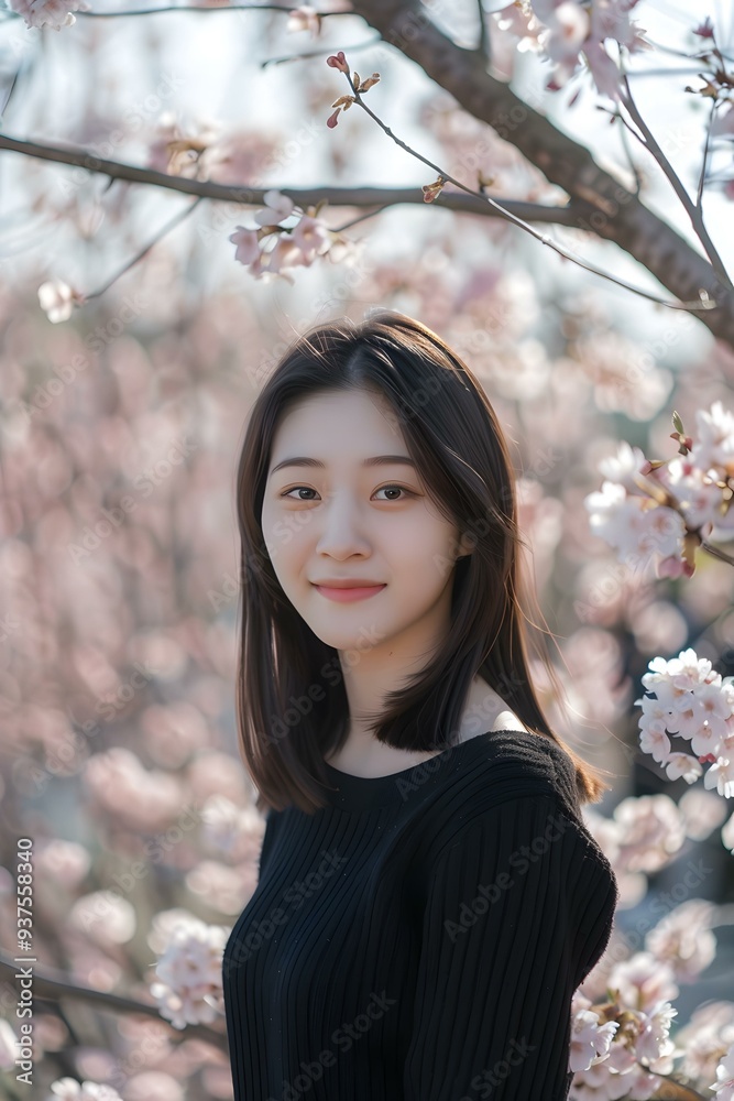 Woman in Black Sweater Posing in Front of Pink Cherry Blossoms Woman in Black Sweater Posing in Front of Pink Cherry Blossoms