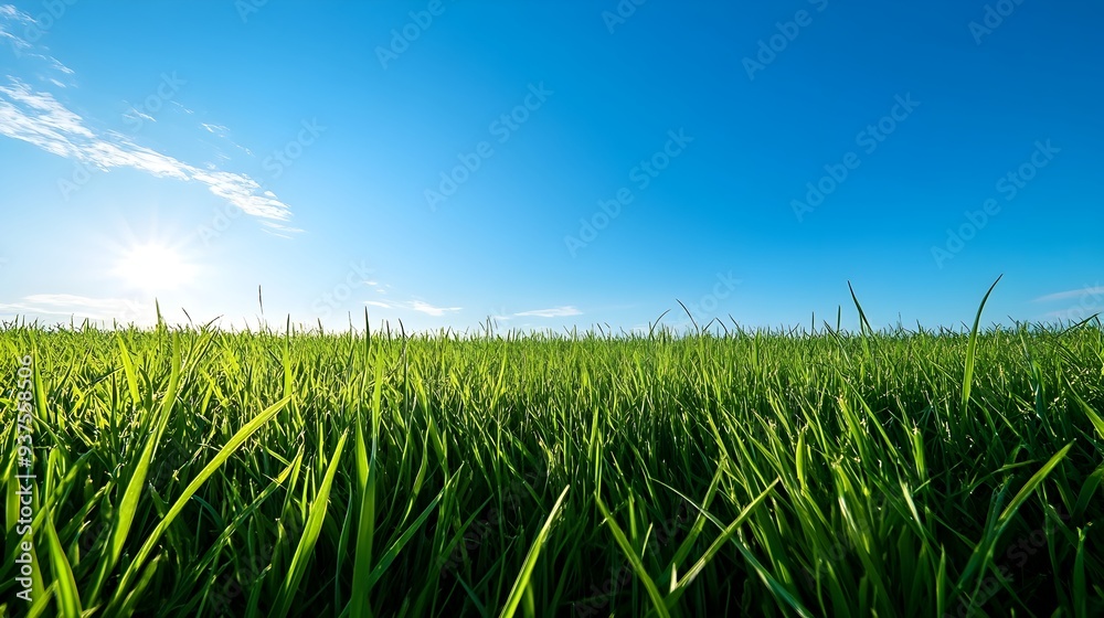 Early Morning Green Grass Field with Bright Blue Sky and Sunlight Scenic Landscape Early Morning Green Grass Field with Bright Blue Sky and Sunlight Scenic Landscape