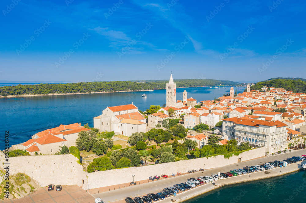 Aerial view of old town of Rab on the Island of Rab, Croatia
