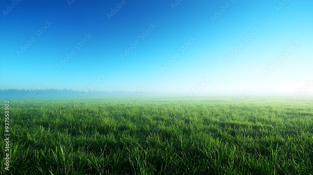 Fototapeta premium Picturesque Meadow Bathed in Warm Morning Sunlight Under a Crisp Blue Sky