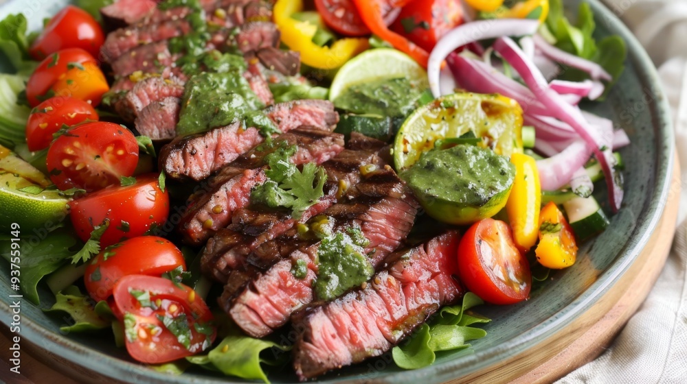 Grilled Steak Salad with Fresh Vegetables. Summer Vegetable Steak Salad with Cilantro Lime Dressing Grilled Steak Salad with Fresh Vegetables. Summer Vegetable Steak Salad with Cilantro Lime Dressing