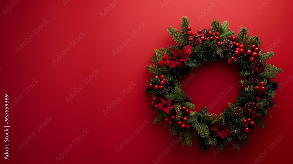 Festive Christmas Wreath on Red Background Festive Christmas Wreath on Red Background