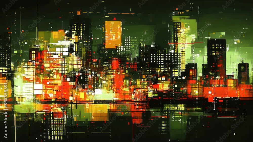 Obraz premium Vibrant city skyline with abstract patterns and colorful lights reflecting on a tranquil surface, showcasing modern urban life.