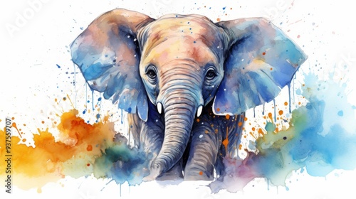 Colorful Watercolor Elephant Artwork with Vibrant Splashes photo