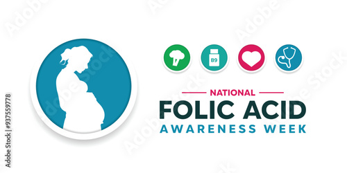 National Folic Acid Awareness Week. Pregnant women, broccoli, vitamin b9, heart and stethoscope. Great for cards, banners, posters, social media and more. White background.
