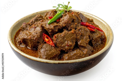 Liver Rendang, Made with cow liver, this rendang is also slow-cooked in coconut milk and a blend of spices, giving it a distinctive, rich taste. isolated on white background