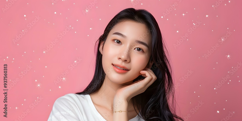 Beautiful Asian Woman With Long Black Hair on Pink Background With White Stars Beautiful Asian Woman With Long Black Hair on Pink Background With White Stars