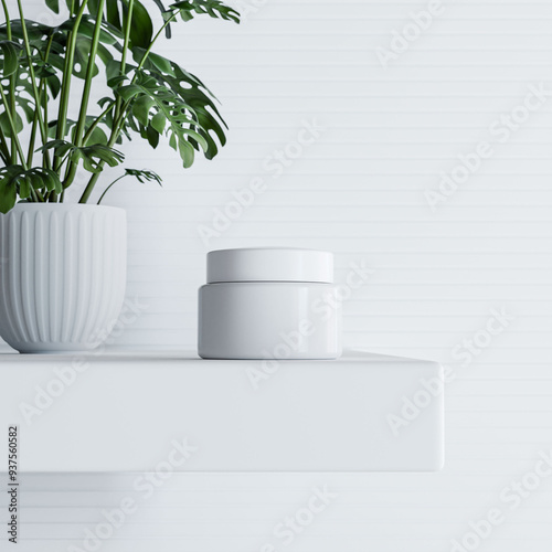 Minimalist White Cosmetic Jar on Floating Shelf with Green Potted Plant and Textured White Background in Modern Skincare Product Display