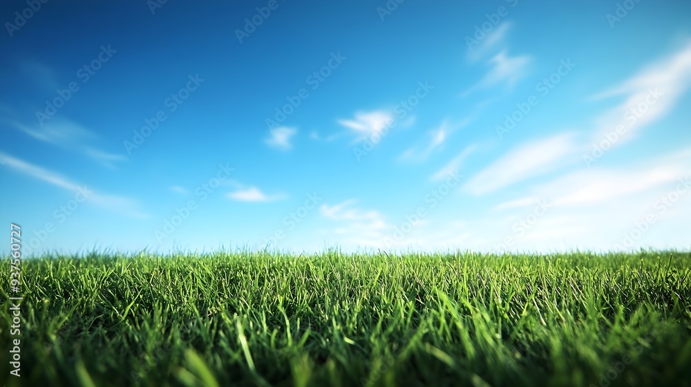 Early Morning Panoramic View of a Lush Green Meadow Under a Bright Blue Sky Early Morning Panoramic View of a Lush Green Meadow Under a Bright Blue Sky