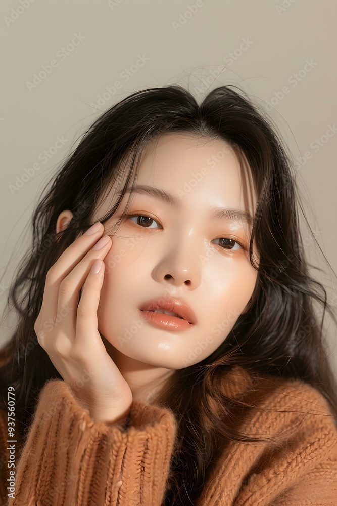 Beautiful Asian Woman with Long Hair Posing in a Brown Sweater Beautiful Asian Woman with Long Hair Posing in a Brown Sweater