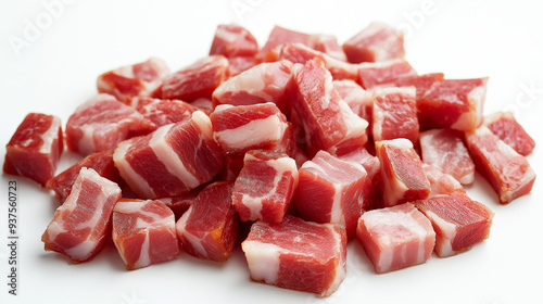 bacon cubes isolated on white background, italian pancetta