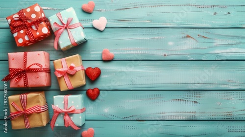 Colorful Gifts and Hearts on Turquoise Wooden Background