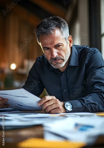 Serious Businessman Working at his Desk, Reviewing Papers