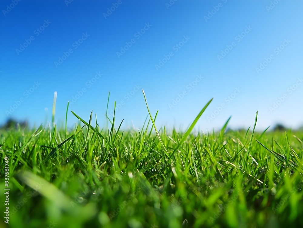 Fototapeta premium Lush Green Grass Meadow Under Clear Blue Sky with Calming Atmosphere
