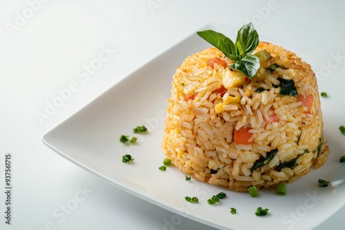 Pattaya Fried Rice, A Malaysian-inspired dish where the fried rice is wrapped in a thin omelette, making it both visually appealing and delicious. isolated on white background photo