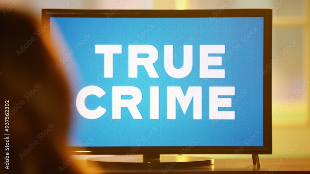 Back view of woman watching true crime show on TV. Modern interior indoor background. Back view of woman watching true crime show on TV. Modern interior indoor background.