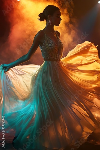 Wallpaper Mural Runway model in designer dress, dynamic pose, vibrant lighting, fashion show environment, Torontodigital.ca