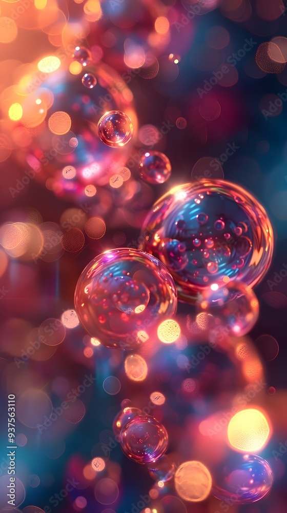An artistic depiction of iridescent 3D spheres with geometric bubble patterns. The design features colorful An artistic depiction of iridescent 3D spheres with geometric bubble patterns. The design features colorful