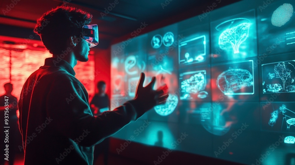 Obraz premium A futuristic classroom where students interact with holographic interfaces