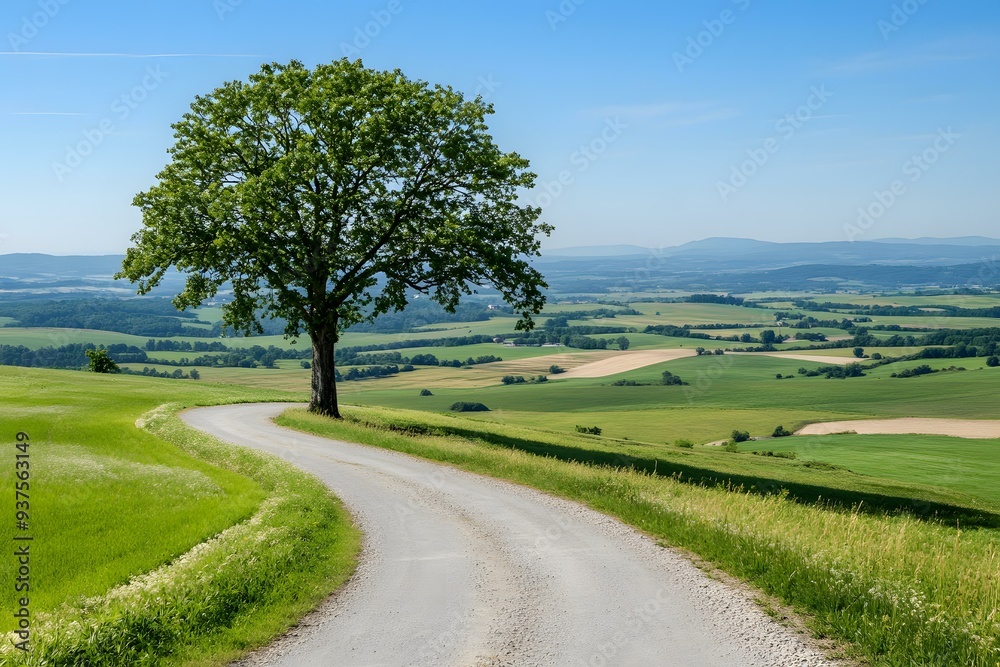 Country Road Winding Through Green Fields and A Lone Tree Country Road Winding Through Green Fields and A Lone Tree