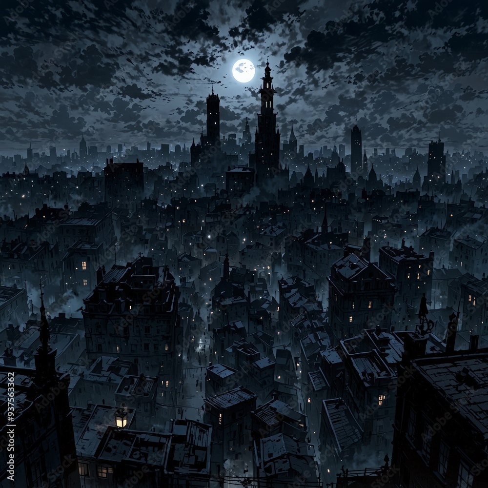 Fantasy city at night with full moon. 3D illustration. Generative AI. Fantasy city at night with full moon. 3D illustration. Generative AI.