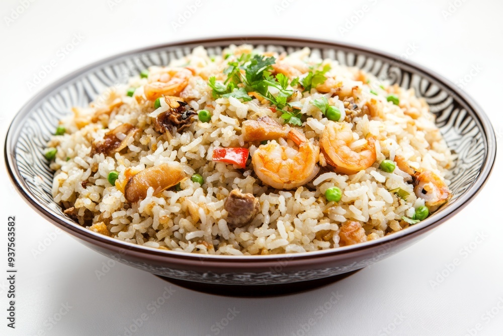 Village Fried Rice, This traditional fried rice is often made with basic ingredients such as garlic, shallots, chilies, and kecap manis (sweet soy sauce). isolated on white background Village Fried Rice, This traditional fried rice is often made with basic ingredients such as garlic, shallots, chilies, and kecap manis (sweet soy sauce). isolated on white background