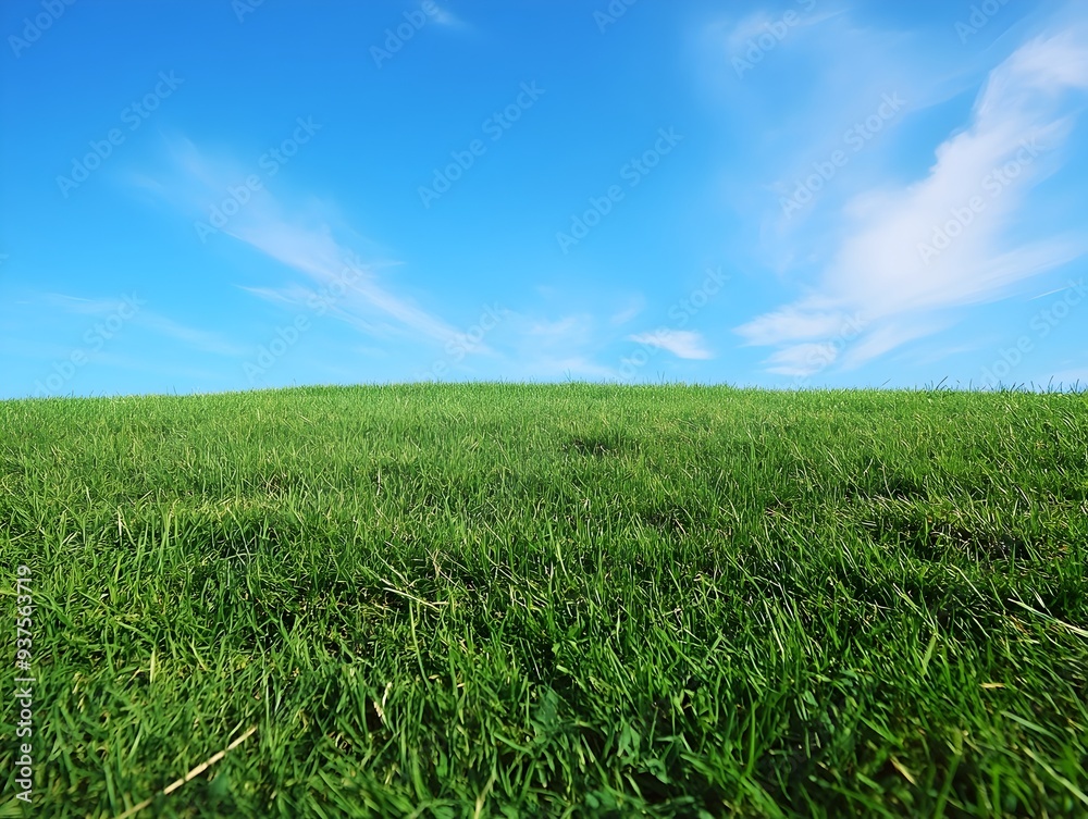Expansive Early Morning Meadow Under Vibrant Blue Sky with Lush Green Grass Expansive Early Morning Meadow Under Vibrant Blue Sky with Lush Green Grass