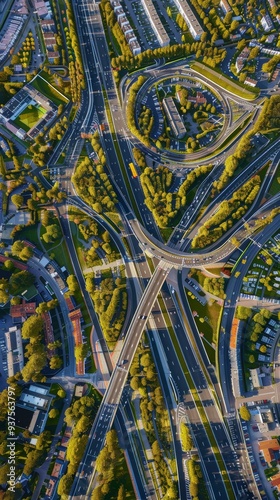 A breathtaking aerial perspective of a bustling city intersection, showcasing the intricate network of roads, buildings, and green spaces.