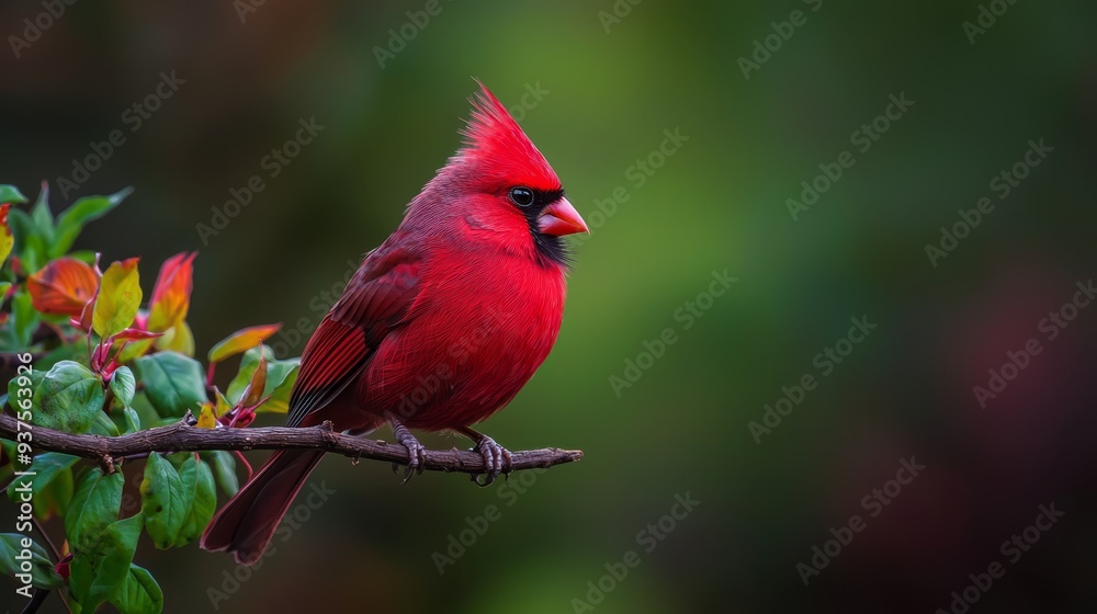 Red bird atop tree branch, adjacent to green leaves and berries - berries are red Red bird atop tree branch, adjacent to green leaves and berries - berries are red