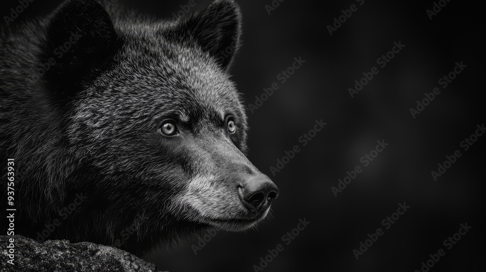 A monochrome image of a single black bear depicted in a series of three successive black-and-white photographs A monochrome image of a single black bear depicted in a series of three successive black-and-white photographs