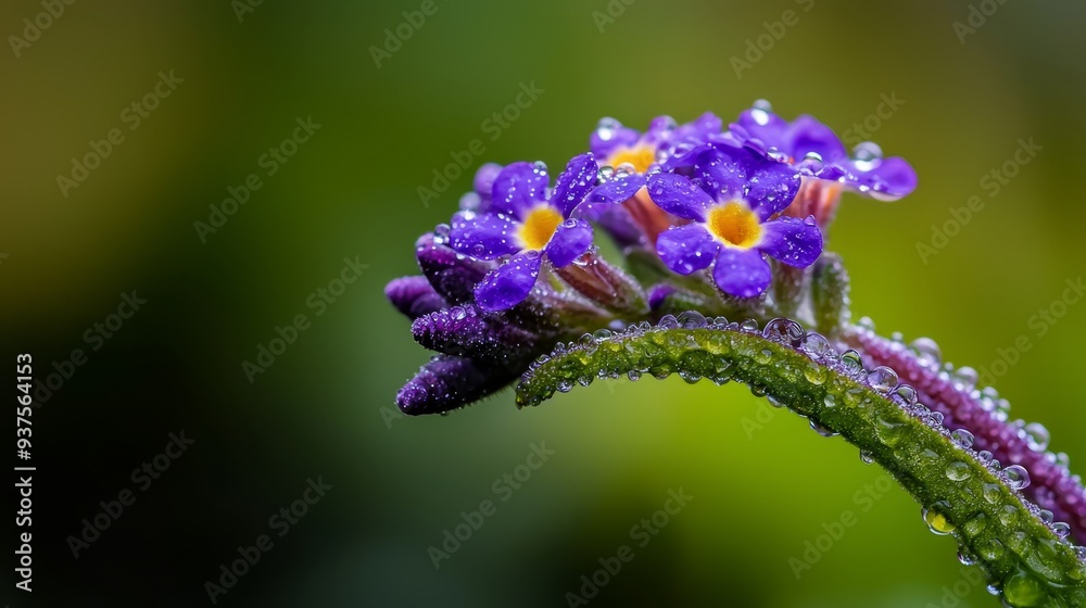 A purple flower with dewdrops and a green stem in sharp focus A purple flower with dewdrops and a green stem in sharp focus