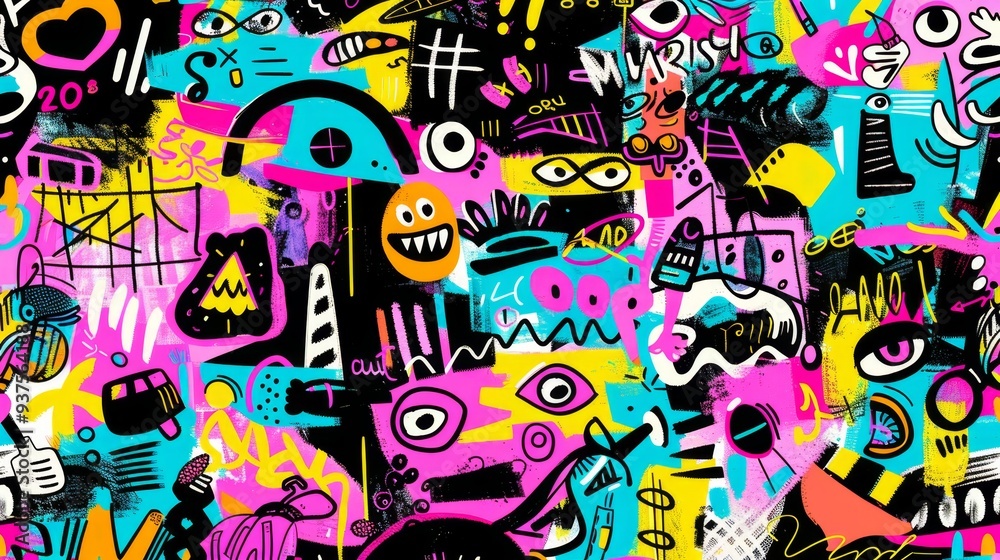 Vibrant Street Art Collage with Eyes and Abstract Elements
