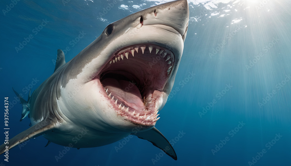 Fototapeta premium A great white shark shows its sharp teeth with its mouth wide open as it glides through the deep blue ocean, illuminated by sunlight filtering down