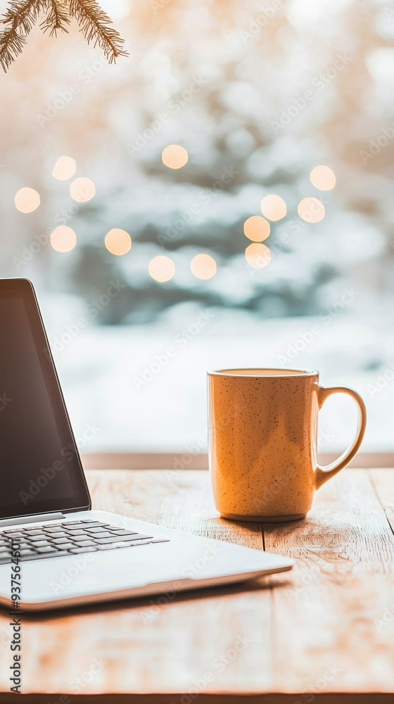 A cozy workspace featuring a cup of coffee beside a laptop, with a snowy backdrop and soft bokeh lights for a warm winter vibe. A cozy workspace featuring a cup of coffee beside a laptop, with a snowy backdrop and soft bokeh lights for a warm winter vibe.