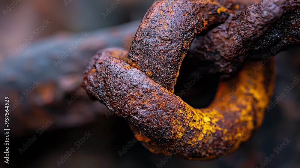 A tight shot of a corroded chain featuring a rusted ring at its core A tight shot of a corroded chain featuring a rusted ring at its core