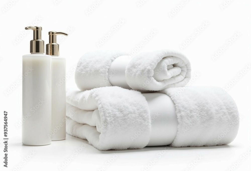 luxury hotel towels neatly stacked, with plush white texture, alongside premium shampoos in elegant bottles, isolated on a clean white background
luxury hotel towels neatly stacked, with plush white texture, alongside premium shampoos in elegant bottles, isolated on a clean white background