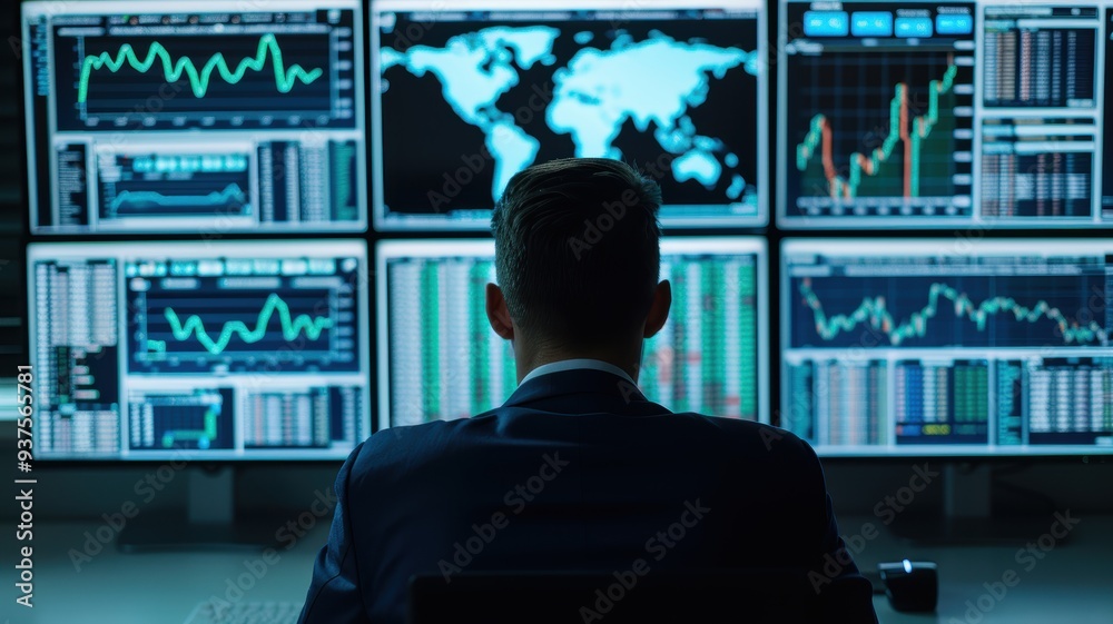 Professional analyst monitors multiple financial graphs and charts on large screens in a data-driven environment. Professional analyst monitors multiple financial graphs and charts on large screens in a data-driven environment.