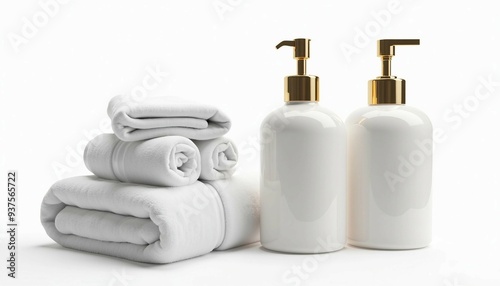 luxury hotel towels neatly stacked, with plush white texture, alongside premium shampoos in elegant bottles, isolated on a clean white background
 photo