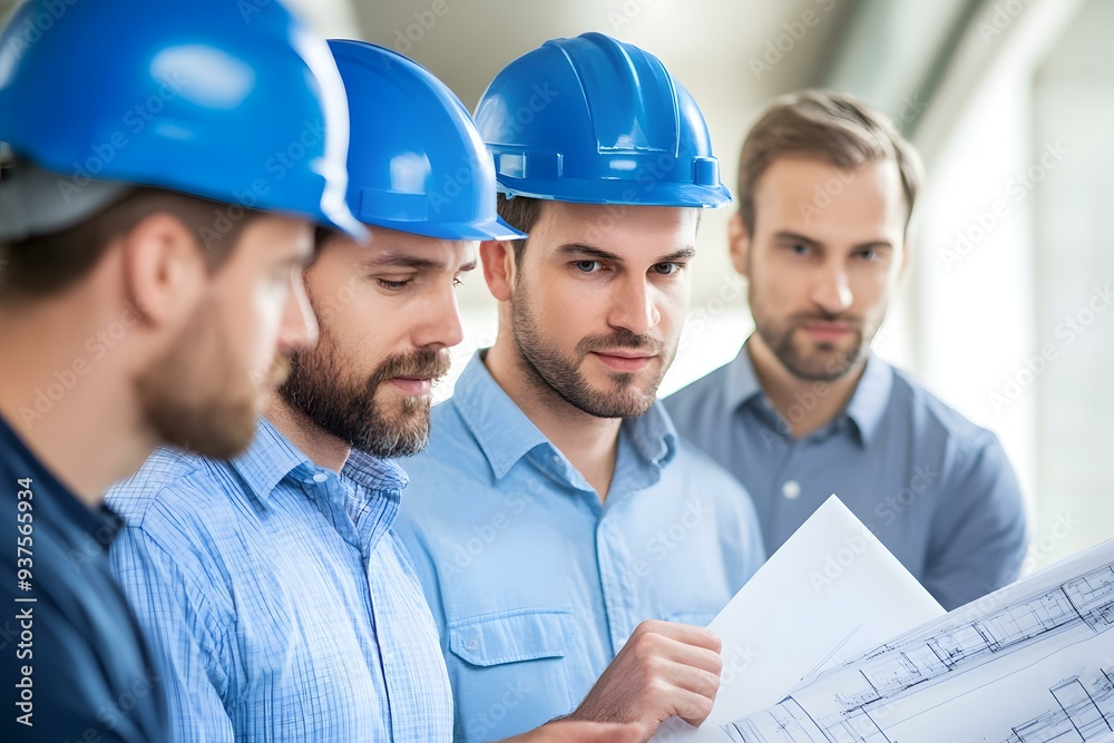 Construction Workers Reviewing Blueprint In Office Construction Workers Reviewing Blueprint In Office