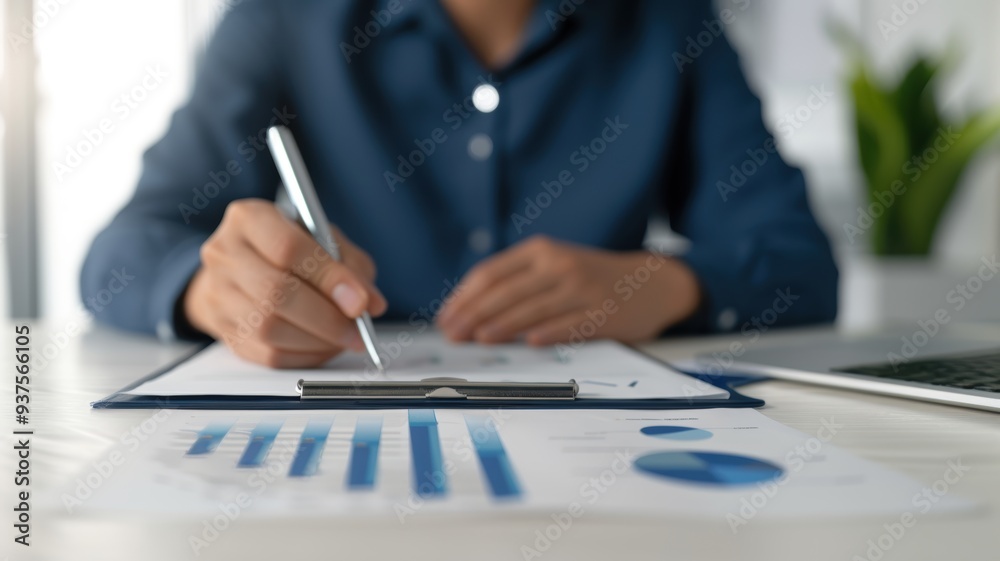 A professional analyzing data, writing notes on a report with graphs and charts on a desk alongside a laptop. A professional analyzing data, writing notes on a report with graphs and charts on a desk alongside a laptop.