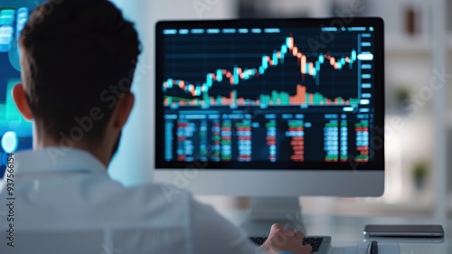 A professional analyzing stock market data on a computer screen, with a focus on financial growth and analytics.