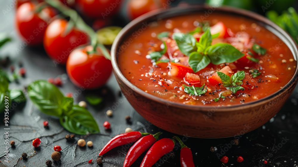 Close-up of Mexican tomato cream soup with chili peppers and herbs served in a dark bowl on the kitchen table. Cold gazpacho in a plate. Food concept. Close-up of Mexican tomato cream soup with chili peppers and herbs served in a dark bowl on the kitchen table. Cold gazpacho in a plate. Food concept.