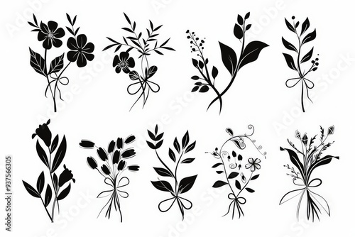 Hand drawing black and white set of flower silhouette ornaments, nature plants, floral frames with tied ribbon illustration on white background